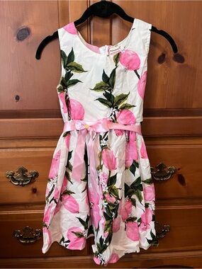Prince White Dress with Pink Fruit Print and Satin Ribbon